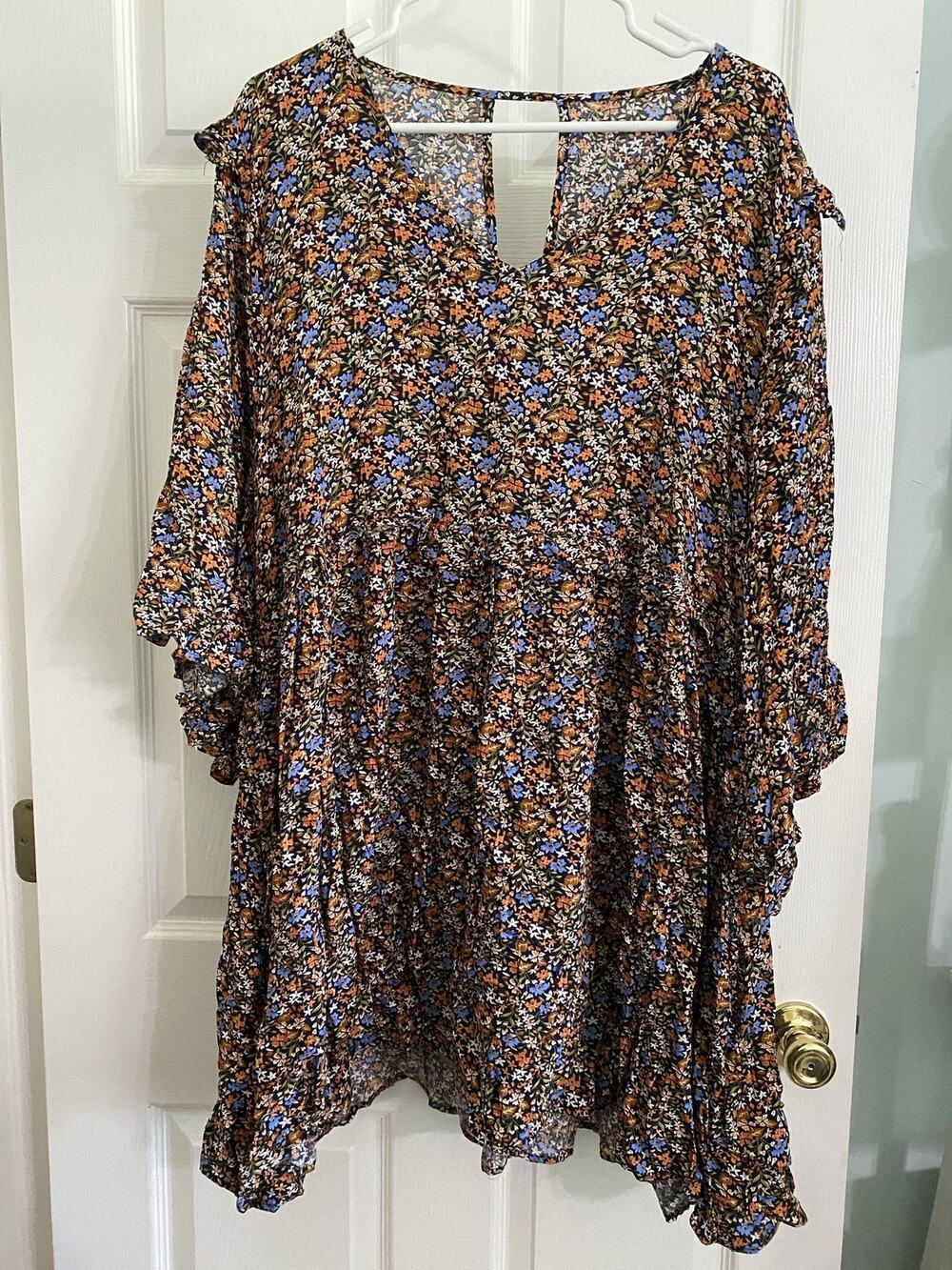 Floral Dress Womens 2X Blue Rayon Trapeze Swing Short Boho Ruffle Casual
